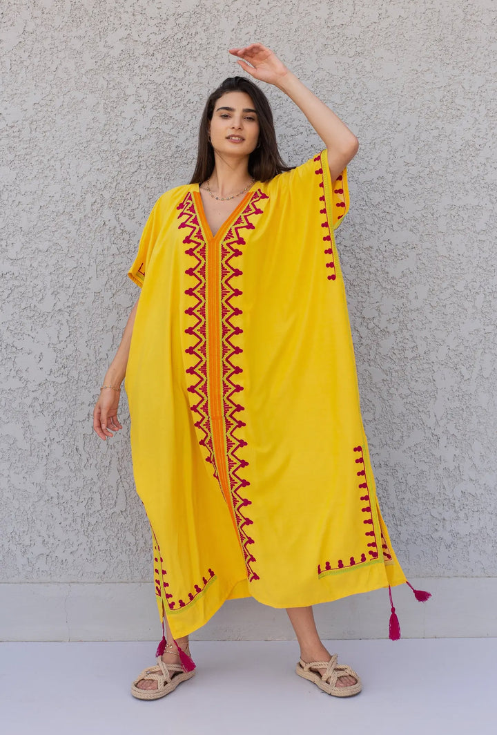 Yellow Embroidered Kaftan Dress