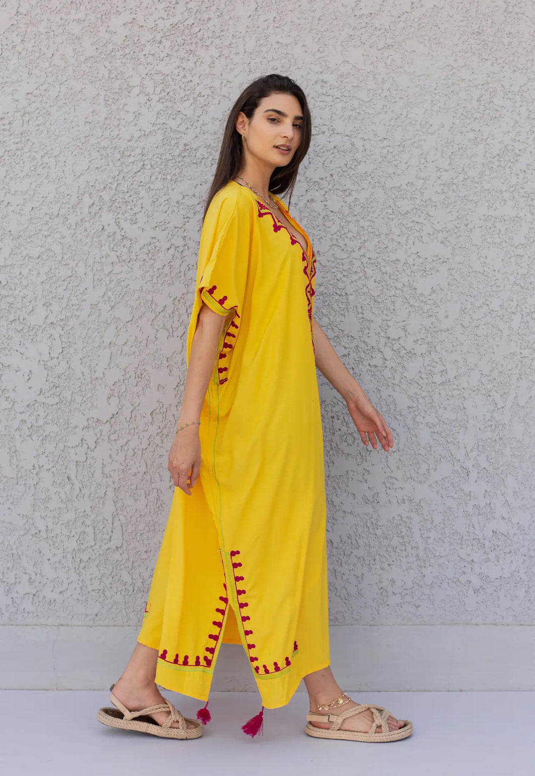 Yellow Embroidered Kaftan Dress