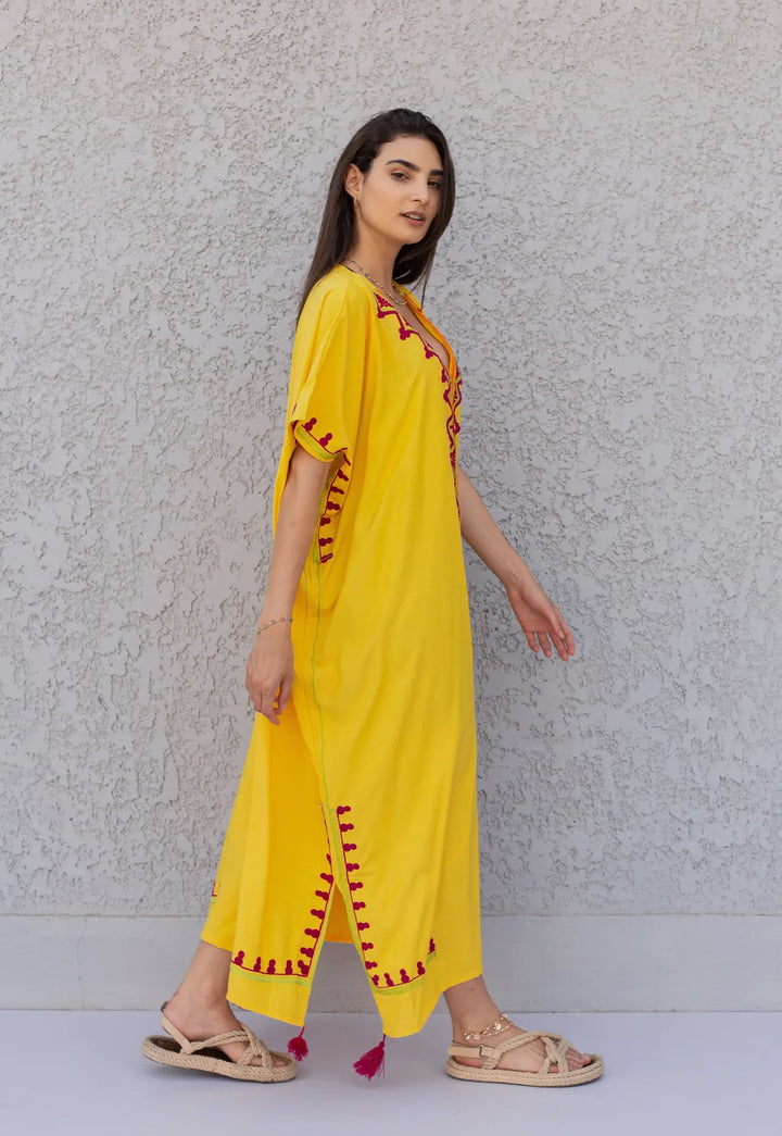 Yellow Embroidered Kaftan Dress