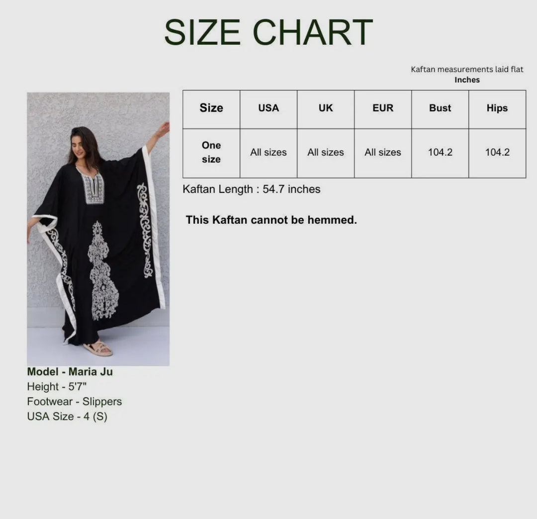 One size fits all Embroidered Kaftan dress-black and white
