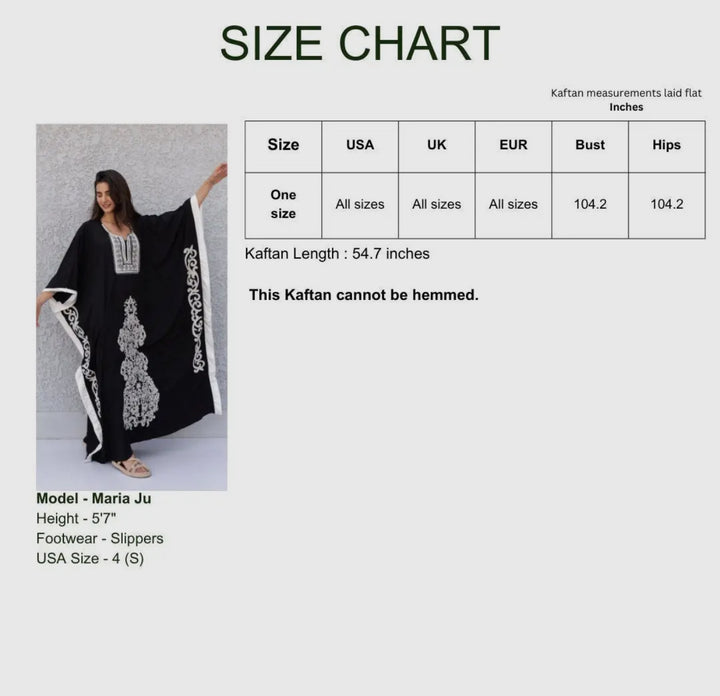 One size fits all Embroidered Kaftan dress-black and white