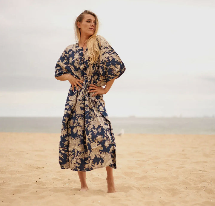 Cotton Kimono Kaftan Tropical Navy Toile