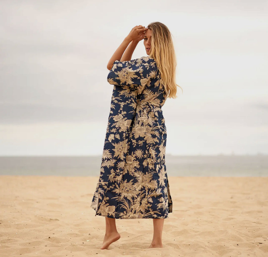 Cotton Kimono Kaftan Tropical Navy Toile