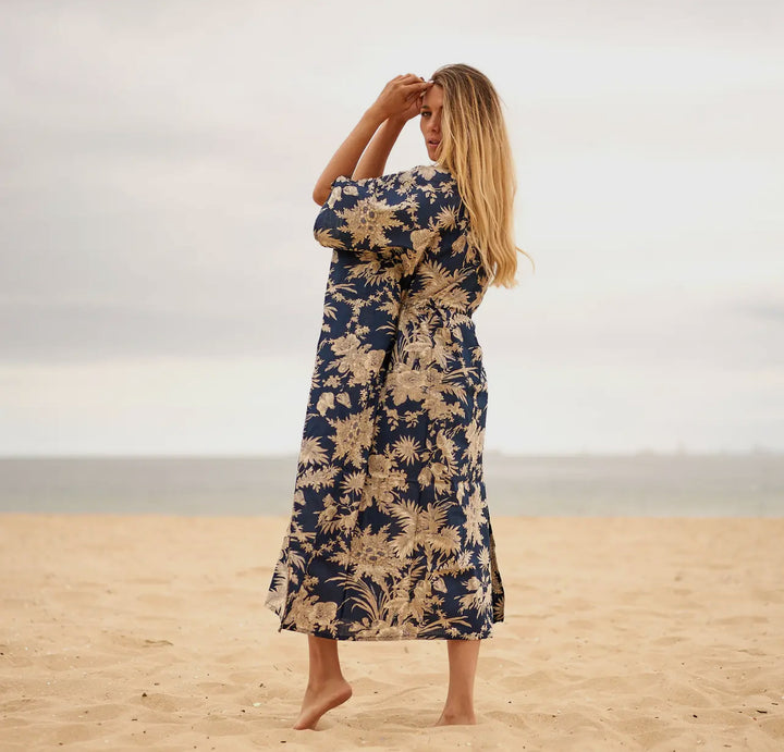 Cotton Kimono Kaftan Tropical Navy Toile