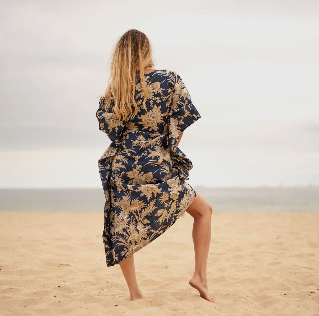 Cotton Kimono Kaftan Tropical Navy Toile