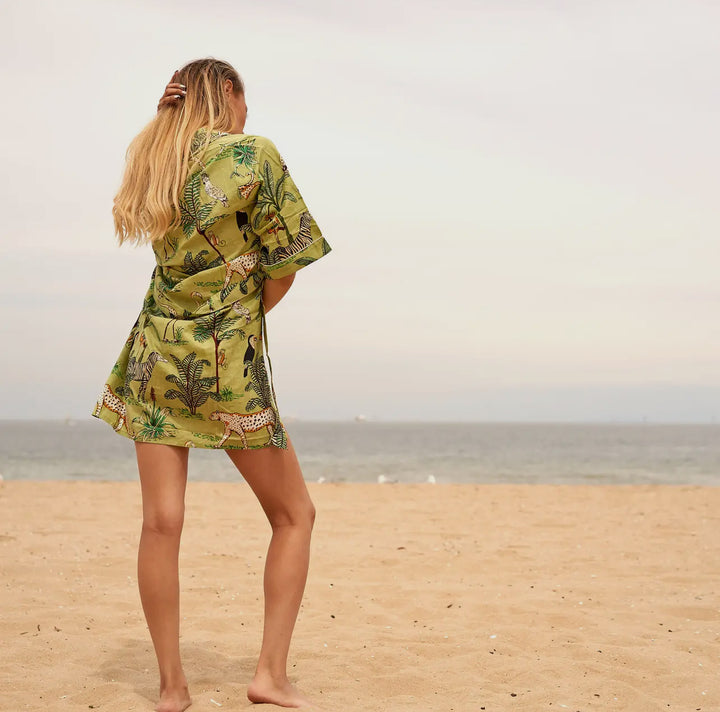 Cotton Kimono Robe (Long)-Green Jungle