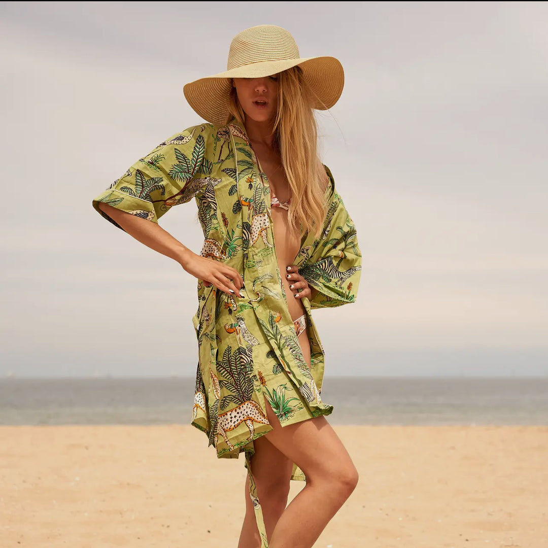 Cotton Kimono Robe (Long)-Green Jungle