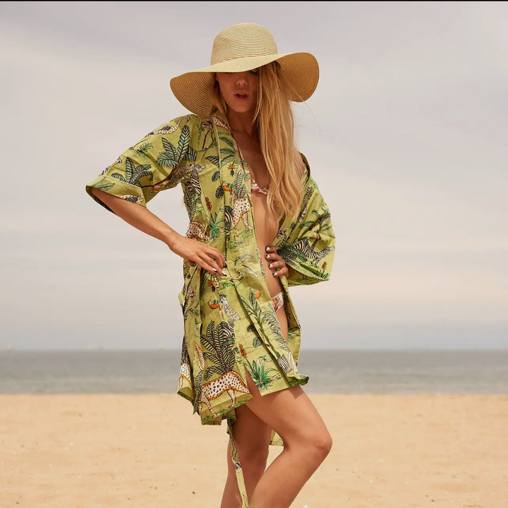 Cotton Kimono Robe (Long)-Green Jungle