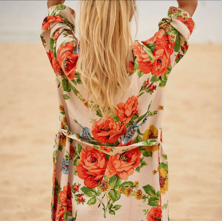 Cotton Waffle Weave Floral Robe-Red/cream