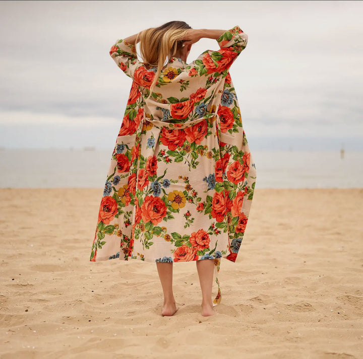 Cotton Waffle Weave Floral Robe-Red/cream