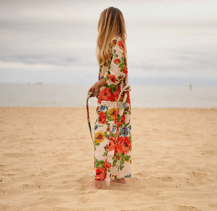Cotton Waffle Weave Floral Robe-Red/cream