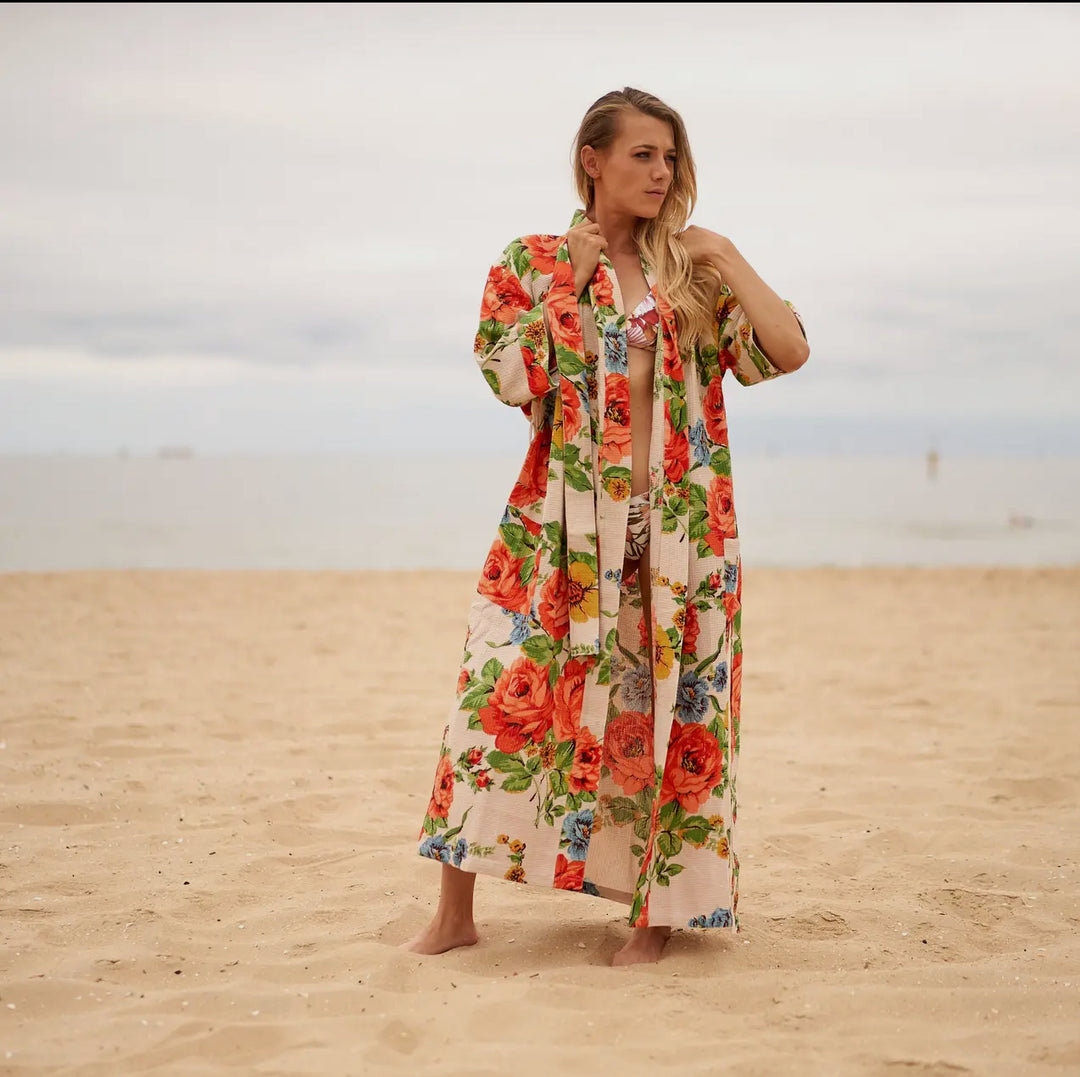 Cotton Waffle Weave Floral Robe-Red/cream