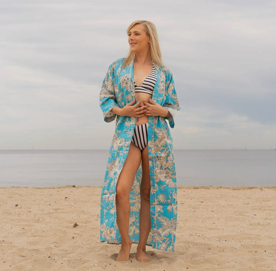 Cotton Kimono Robe-Tropical Toile Turquoise
