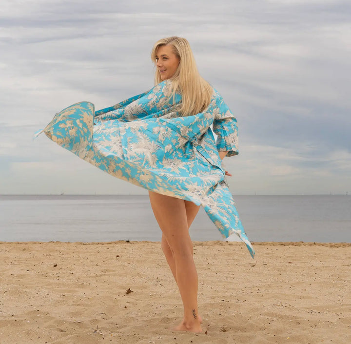 Cotton Kimono Robe-Tropical Toile Turquoise