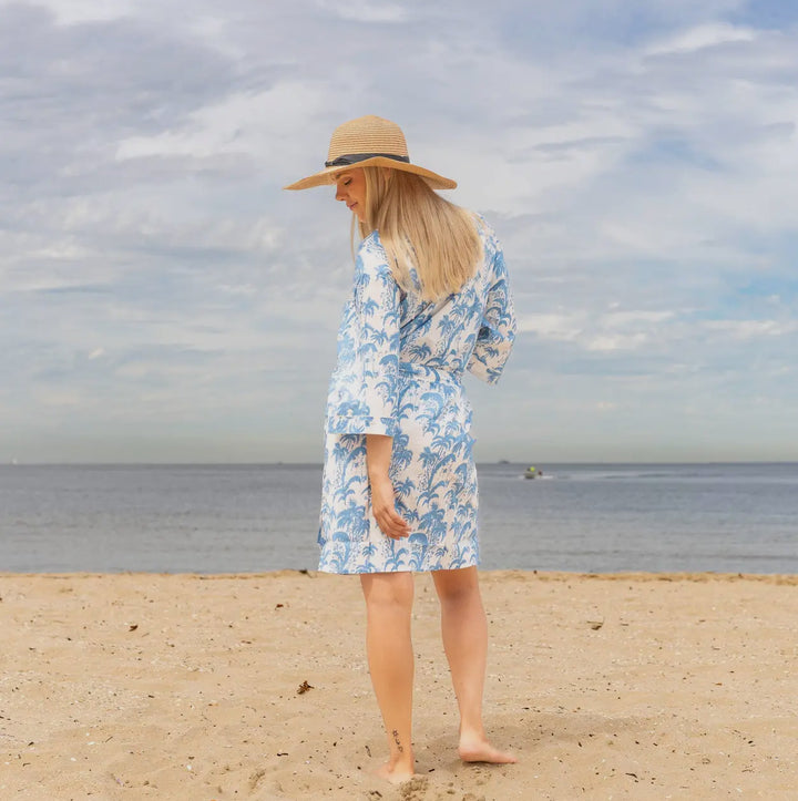 Cotton Short Kimono Robe-Sky Blue Palm