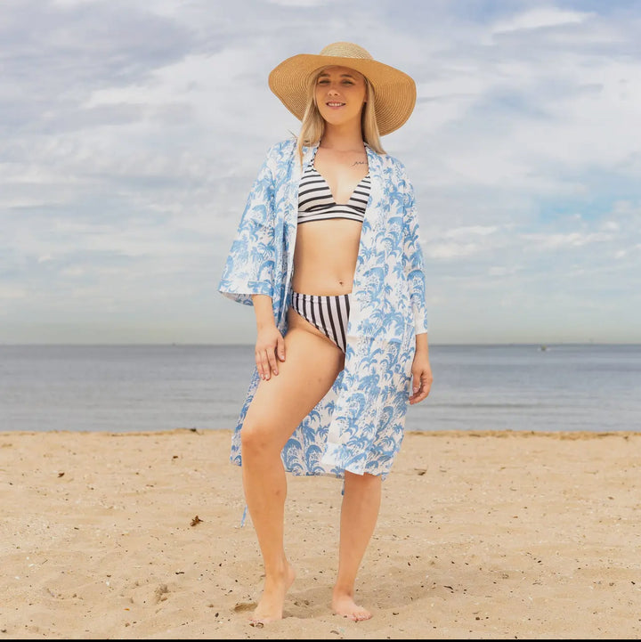 Cotton Short Kimono Robe-Sky Blue Palm