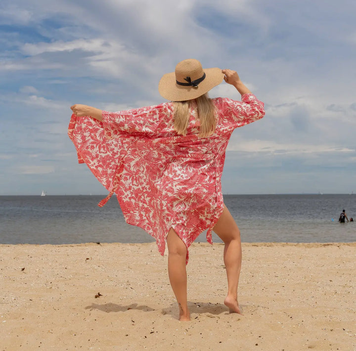 Cotton Kimono Robe-Tropical Toile Red/pink