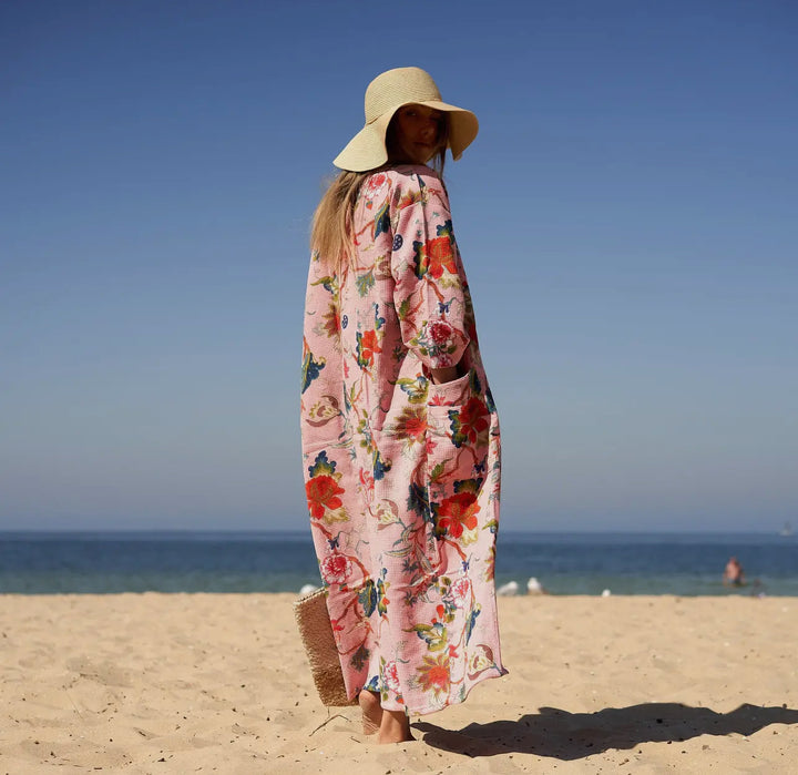 Cotton Waffle Weave Kimono Robe-Pink Jacobean