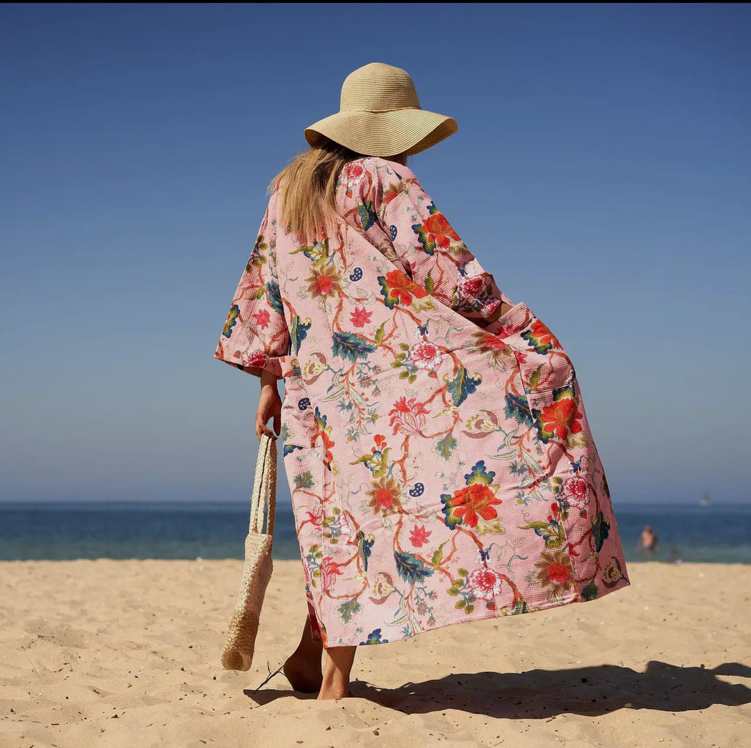 Cotton Waffle Weave Kimono Robe-Pink Jacobean