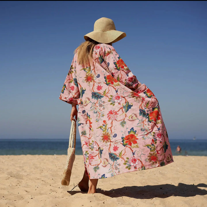 Cotton Waffle Weave Kimono Robe-Pink Jacobean