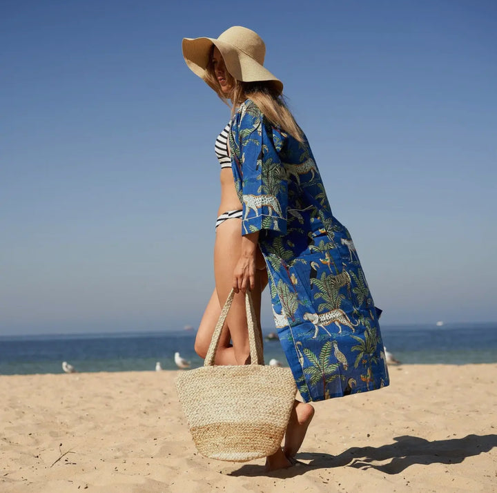 Cotton Kimono Robe-Jungle Chic-Royal Blue