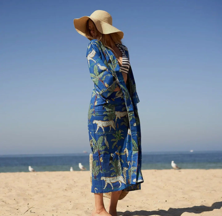 Cotton Kimono Robe-Jungle Chic-Royal Blue
