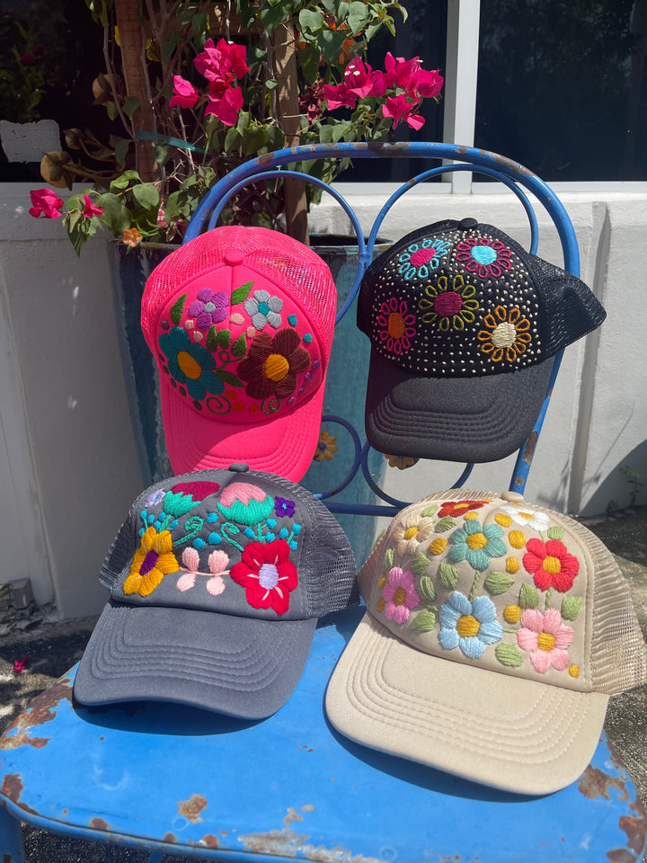 Hand Embroidered floral Trucker hat-Bisque