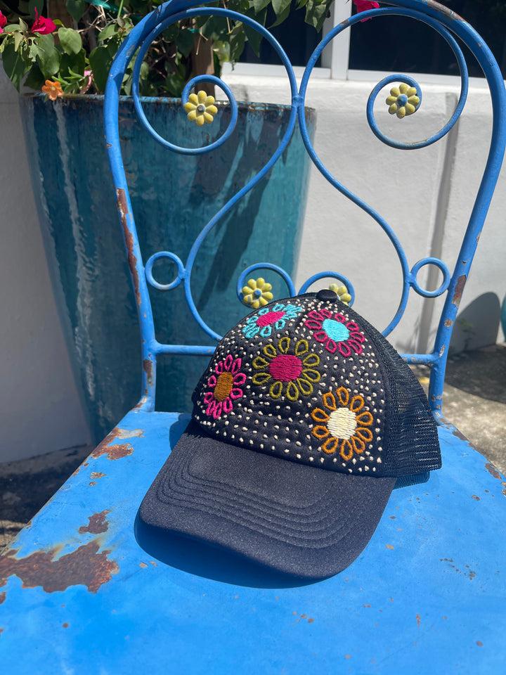 Hand embroidered Trucker hat-black floral