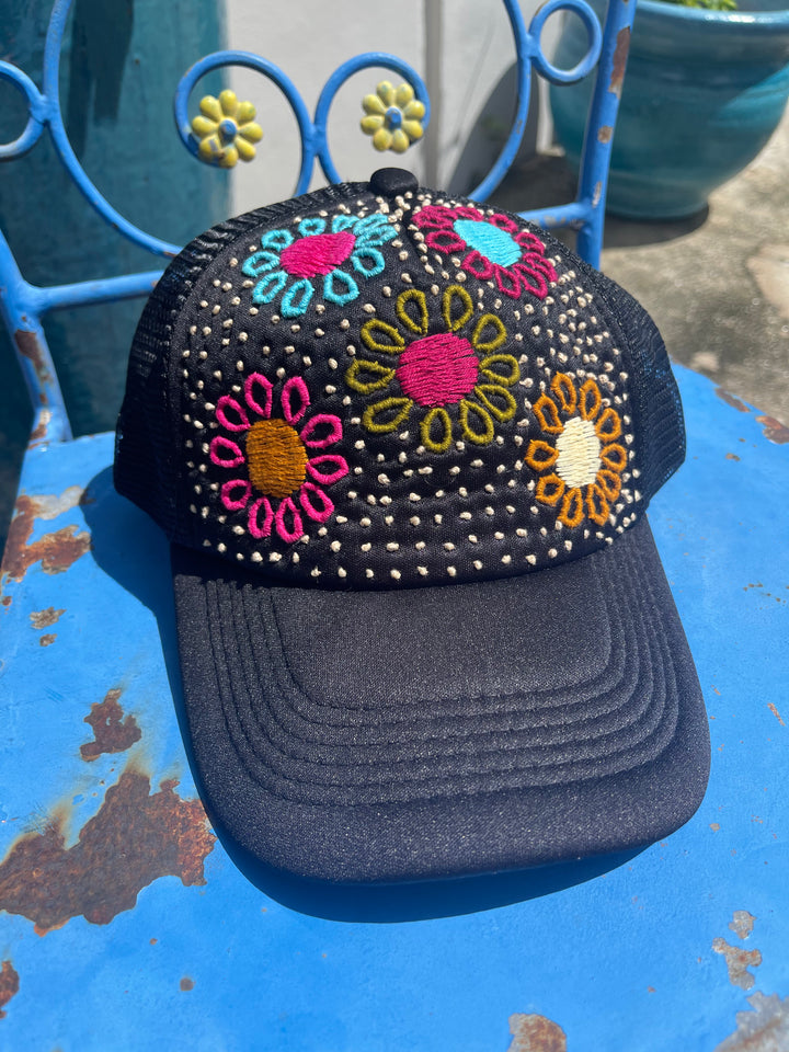 Hand embroidered Trucker hat-black floral