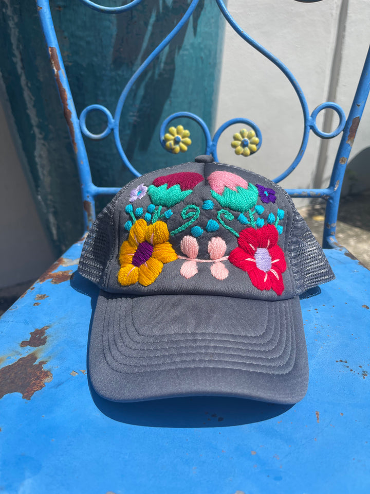 Hand Embroidered Floral Trucker hat-grey