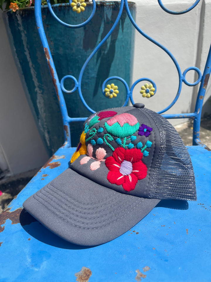 Hand Embroidered Floral Trucker hat-grey