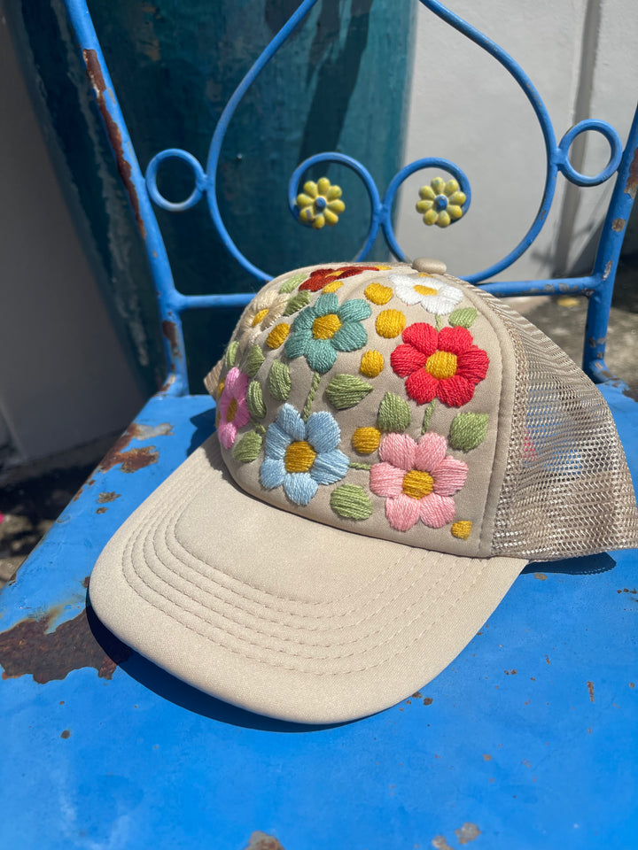 Hand Embroidered floral Trucker hat-Bisque