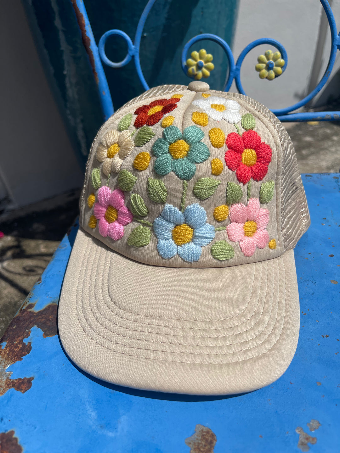 Hand Embroidered floral Trucker hat-Bisque