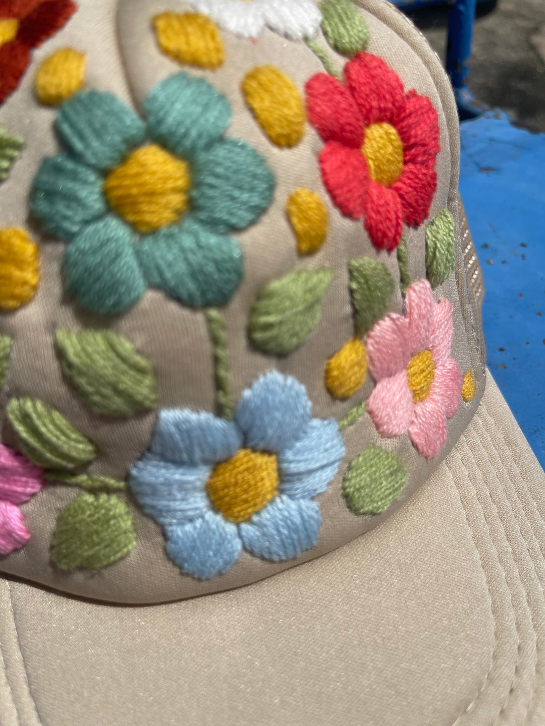 Hand Embroidered floral Trucker hat-Bisque