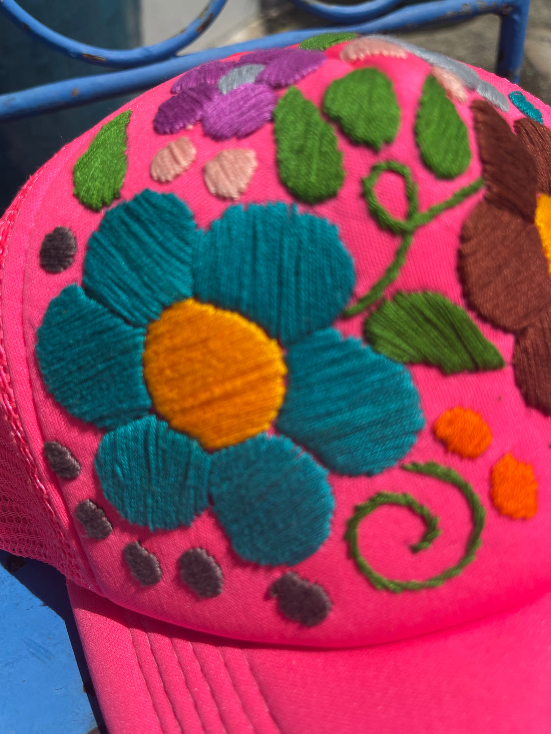 Hand Embroidered floral Trucker hat-pink