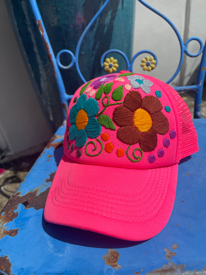 Hand Embroidered floral Trucker hat-pink