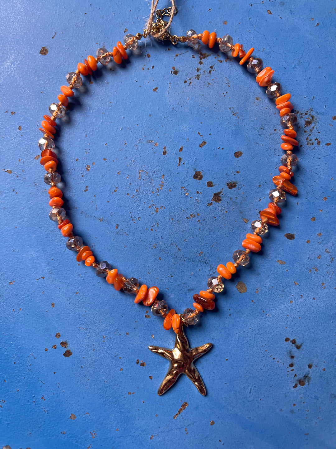 Gold plated Starfish with orange crystal beads necklace