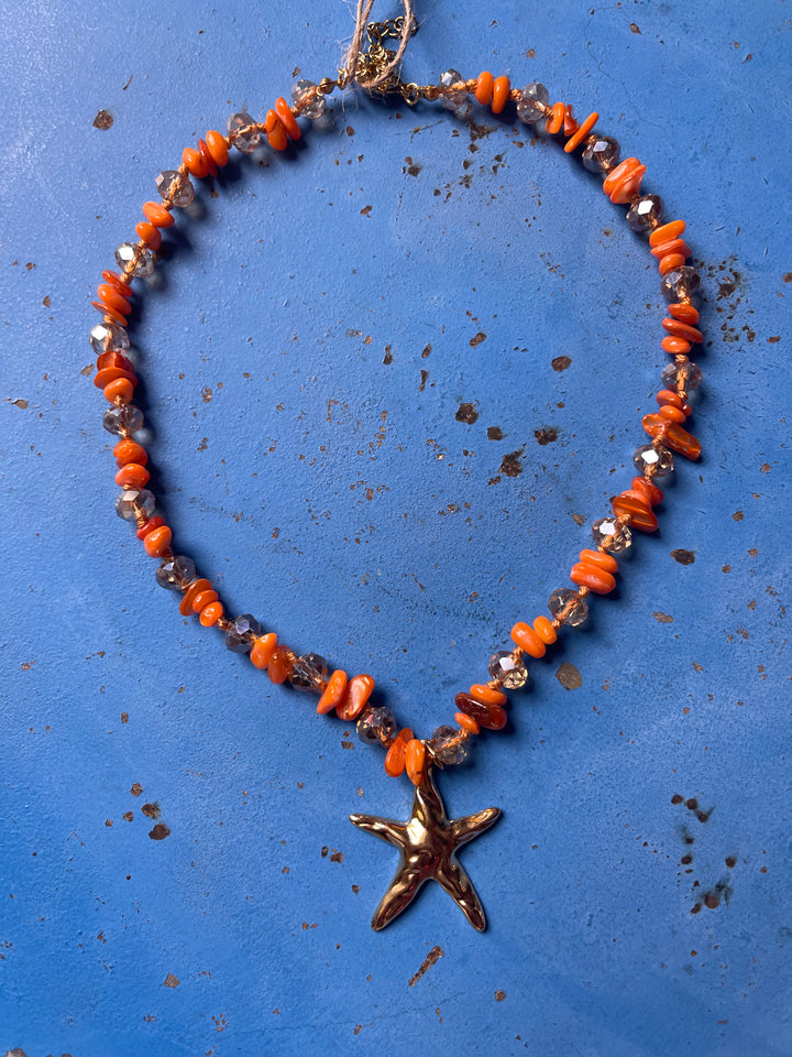 Gold plated Starfish with orange crystal beads necklace