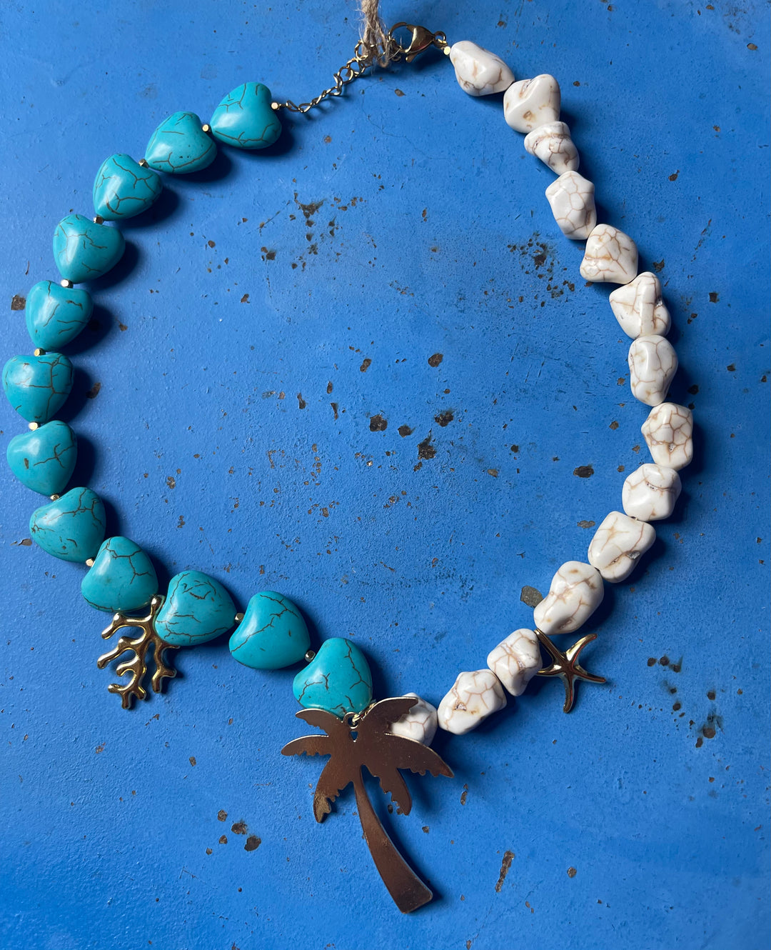 Gold plated Palm Tree with turquoise howlite stones necklace