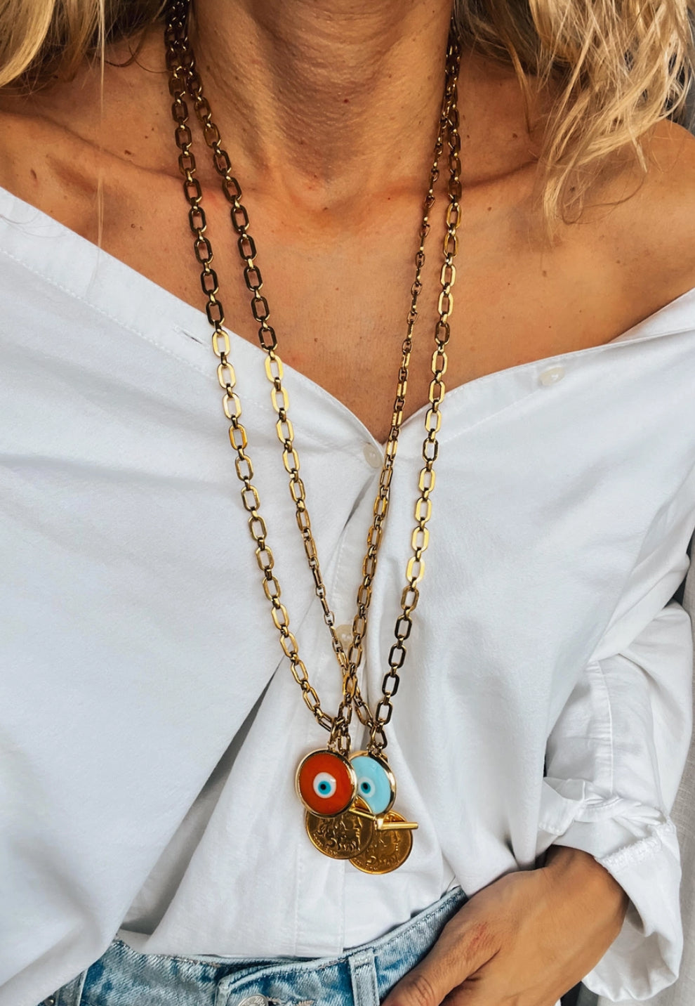 Orange long evil eye necklace