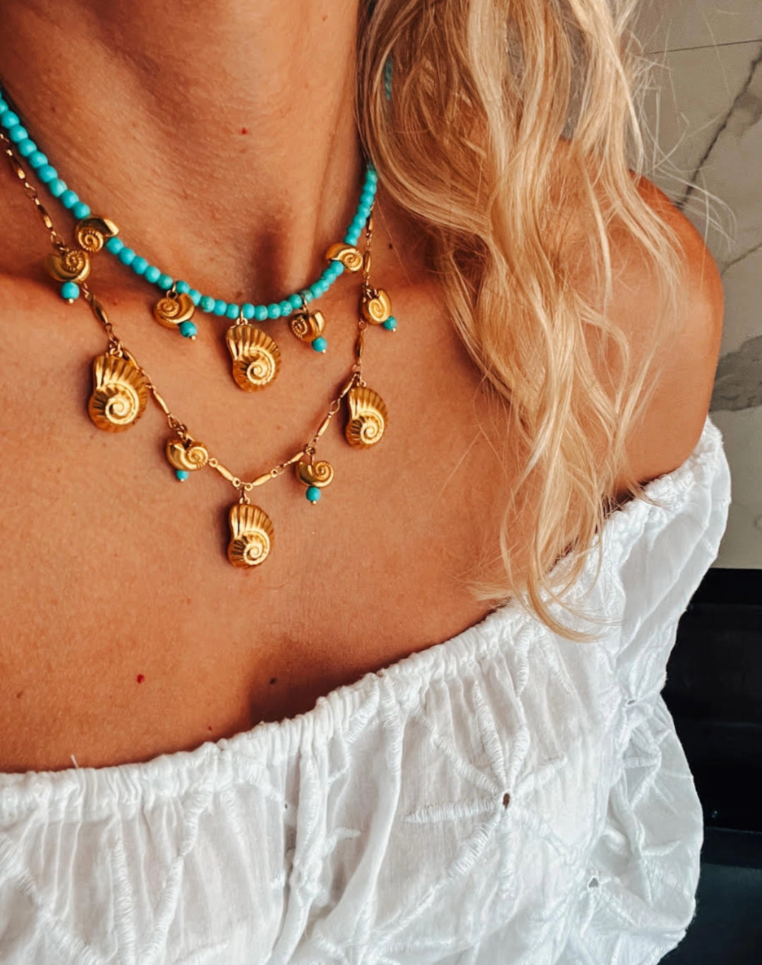 Nautilus Gold Shell necklace with turquoise beads