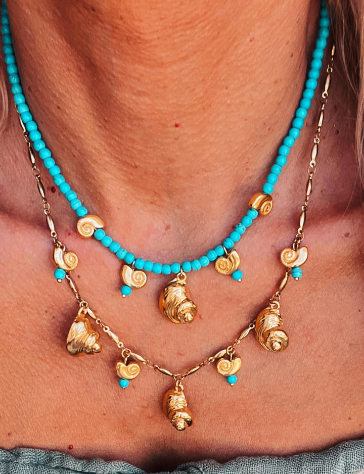 Nautilus Gold Shell necklace with turquoise beads