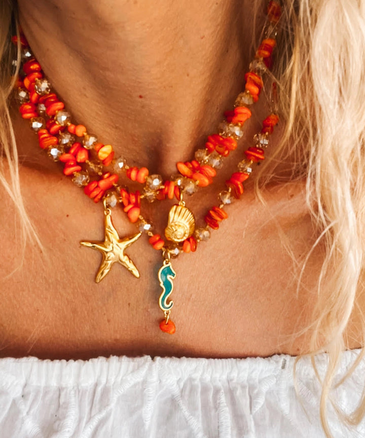 Gold plated Starfish with orange crystal beads necklace