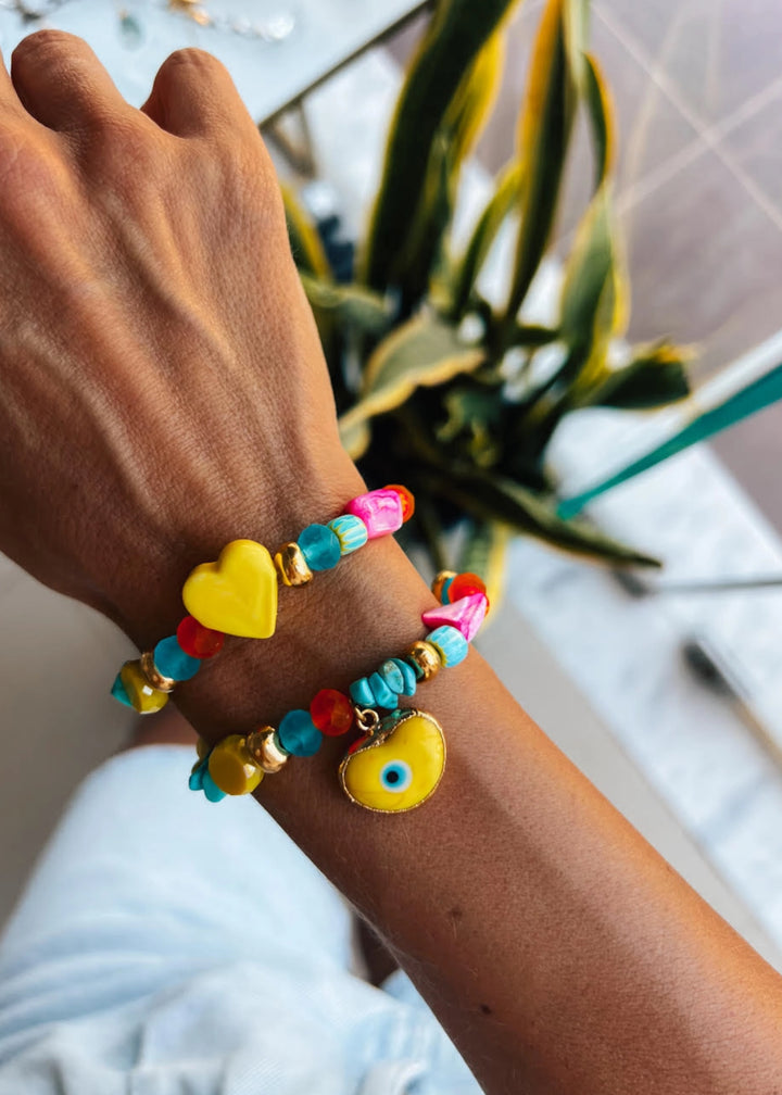 Yellow evil eye with rainbow glass and ceramic beads bracelet