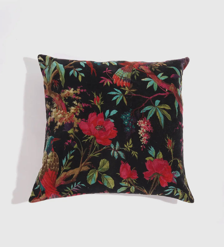 Floral Printed Cotton Velvet Boho Style Throw pillow-Black
