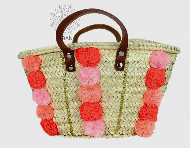 Pom Pom Hand Woven Straw Beach Bag Tote