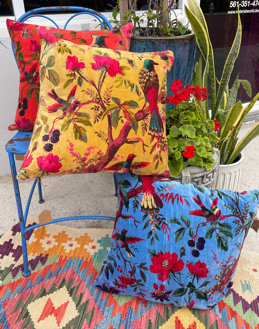Floral Printed Cotton Velvet Boho Style Throw Pillow-Sky