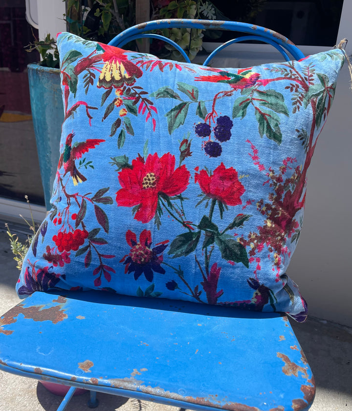 Floral Printed Cotton Velvet Boho Style Throw Pillow-Sky