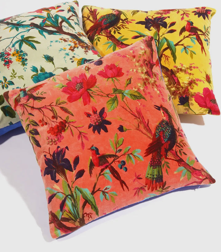 Floral Printed Cotton Velvet Boho Style Throw Pillow-Orange