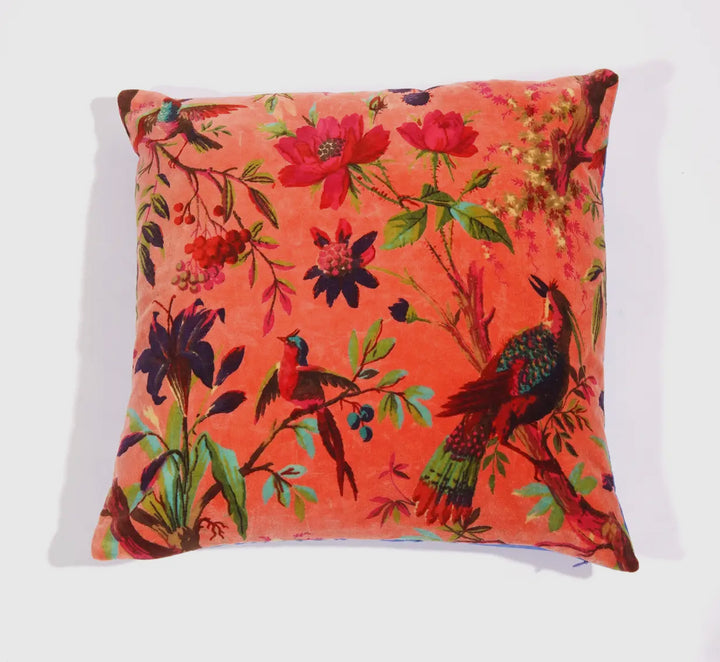 Floral Printed Cotton Velvet Boho Style Throw Pillow-Orange